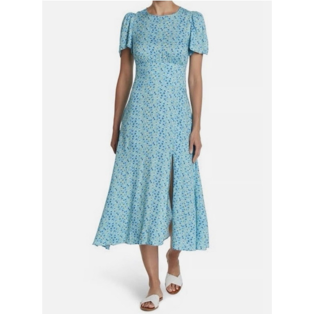 AFRM Jamie Blue Floral Puff Sleeve Cutout Back Midi Dress Small Cottagecore